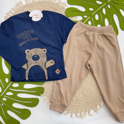 Inverno 2025 - Conj. Blusa "Quero um Abraço de Urso" e Calça em Moletom - Marinho e Areia