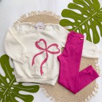  Inverno 2025 - Conj. Casaco em Moletom Laço e Calça Legging - Off White e Pink
