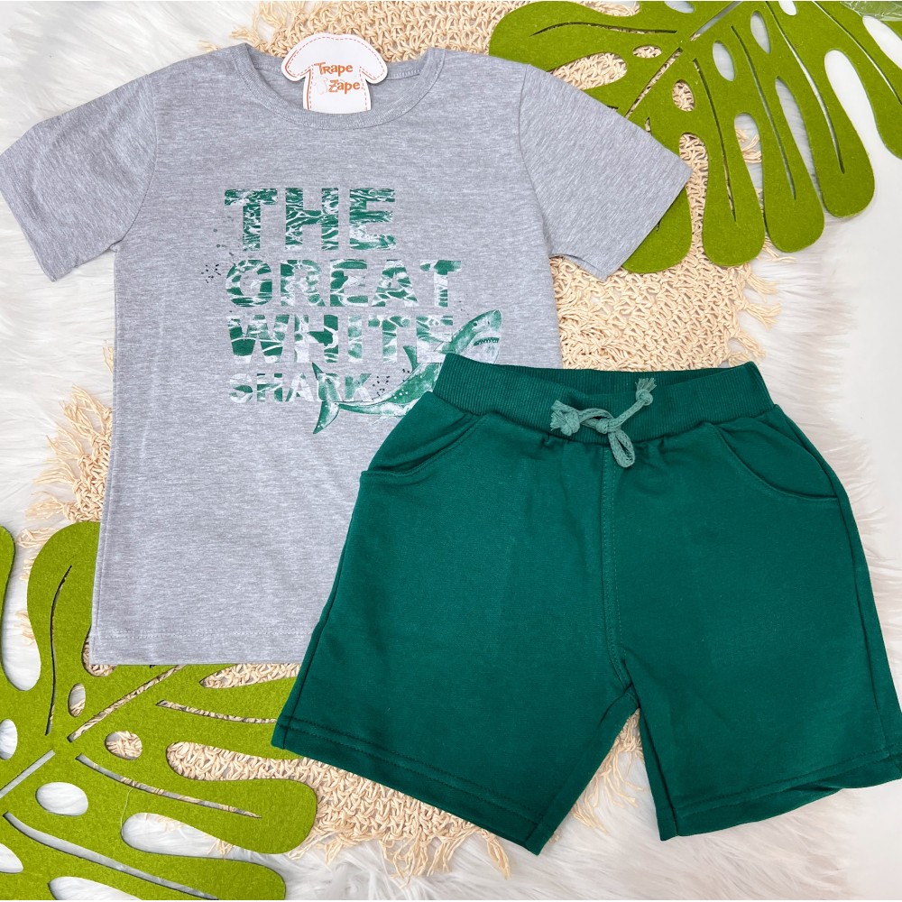 Verão 24/25 - Conj. Blusa The Oreat White Shark e Short em Moletinho - Mescla e Verde Militar