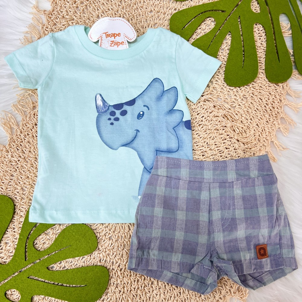 Verão 24/25 - Conj. Blusa Bebê Rinoceronte e Short Xadrez - Verde e Azul