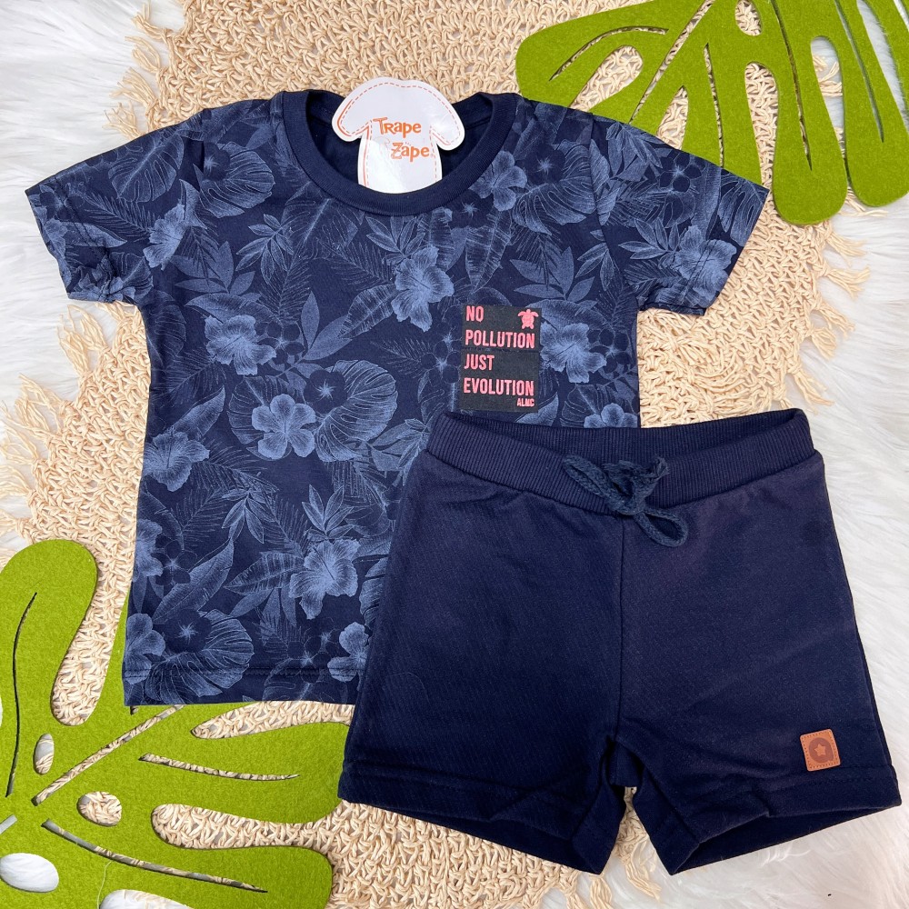 Verão 24/25 - Conj. Blusa Floral No Pollution e Short em Moletinho - Azul Marinho