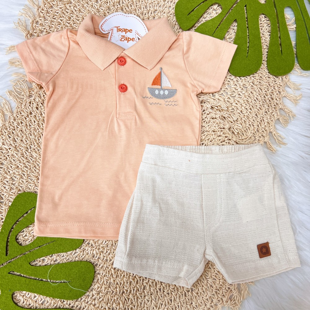 Verão 24/25 - Conj. Blusa Barquinho Gola Polo com Botões e Short em Linho - Salmão e Areia