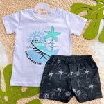 Verão 24/25 - Conj. Blusa Jacaré Hora de Relaxar e Short Coqueiros - Branco e Preto