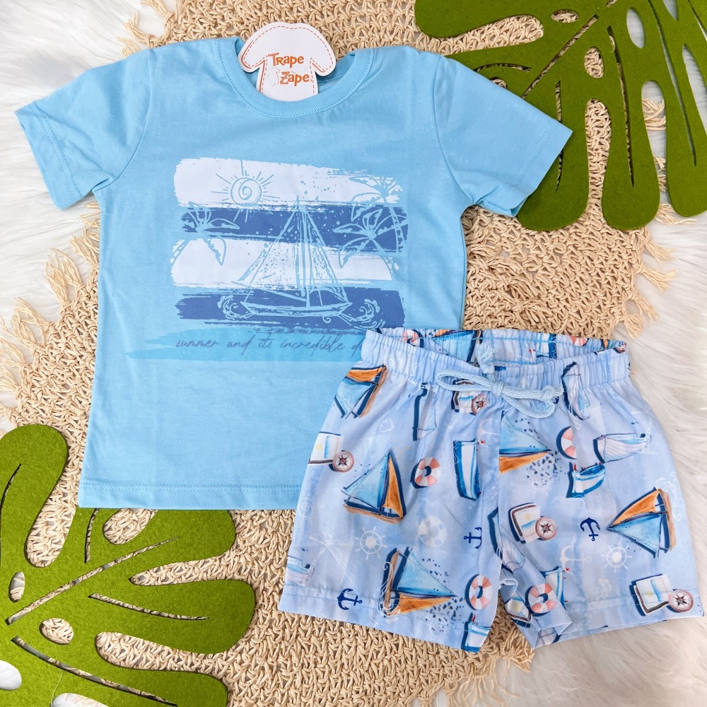 Verão 24/25 - Conj. Blusa Barquinho Summer e Short Táctel Barcos - Azul Bebê e Azul Jeans