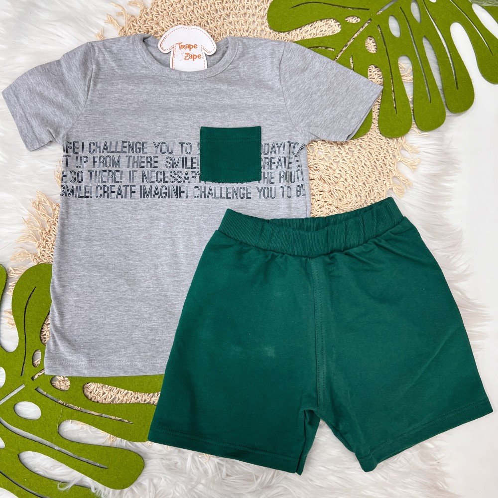 Verão 24/25 - Conj. Blusa Estampada com Bolso Frontal e Short - Mescla e Verde Militar