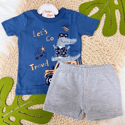  Verão 24/25 - Conj. Blusa Jacaré Let's Go Travel e Short - Azul Jeans e Mescla
