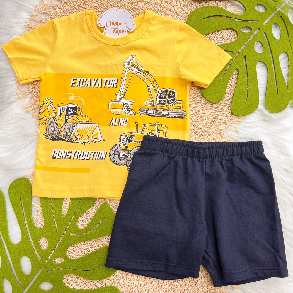 Verão 24/25 - Conj. Blusa Tratores e Short em Moletinho - Amarelo e Azul Marinho