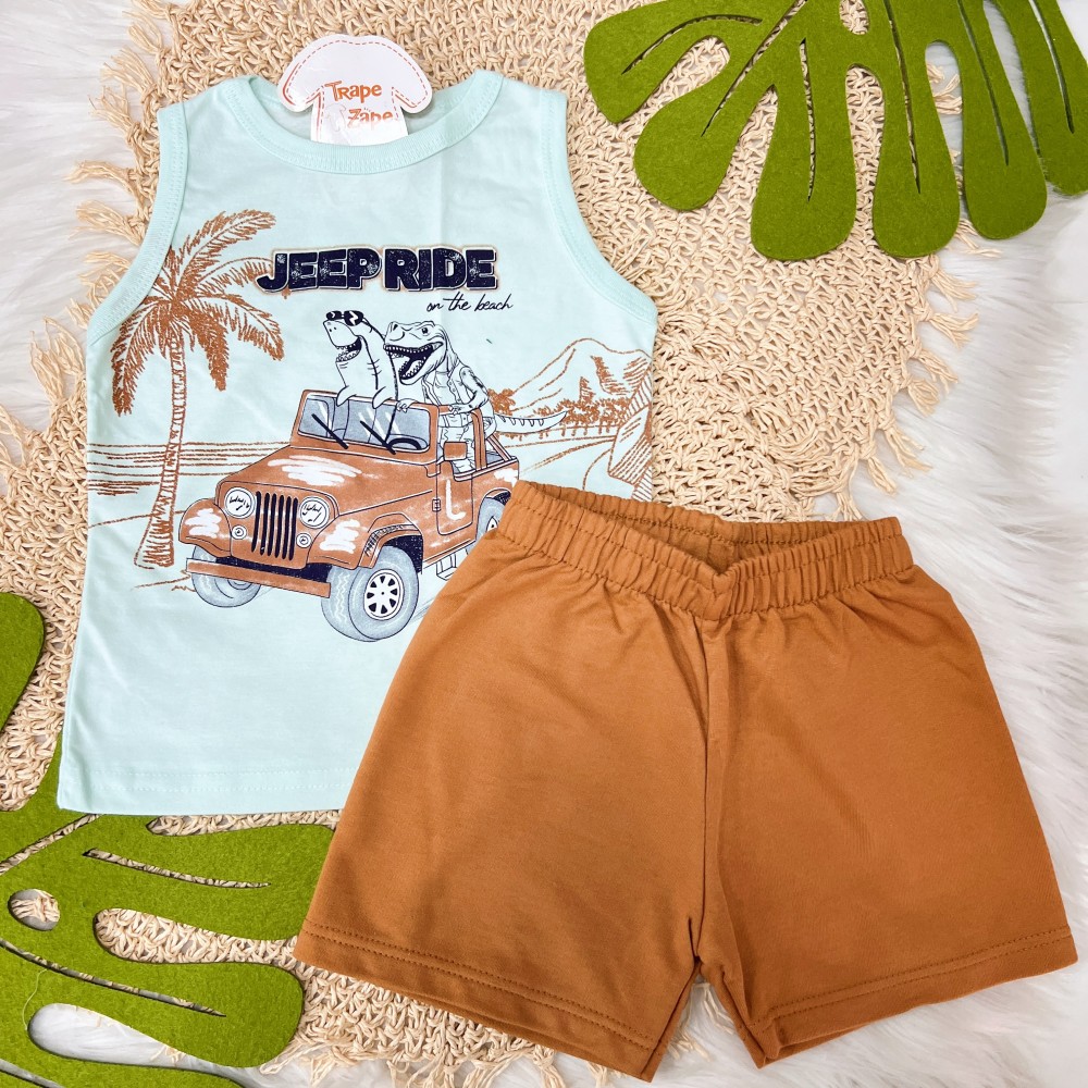 Verão 24/25 - Conj. Regata Jeep Rider e Short em Moletinho - Verde Água e Ferrugem