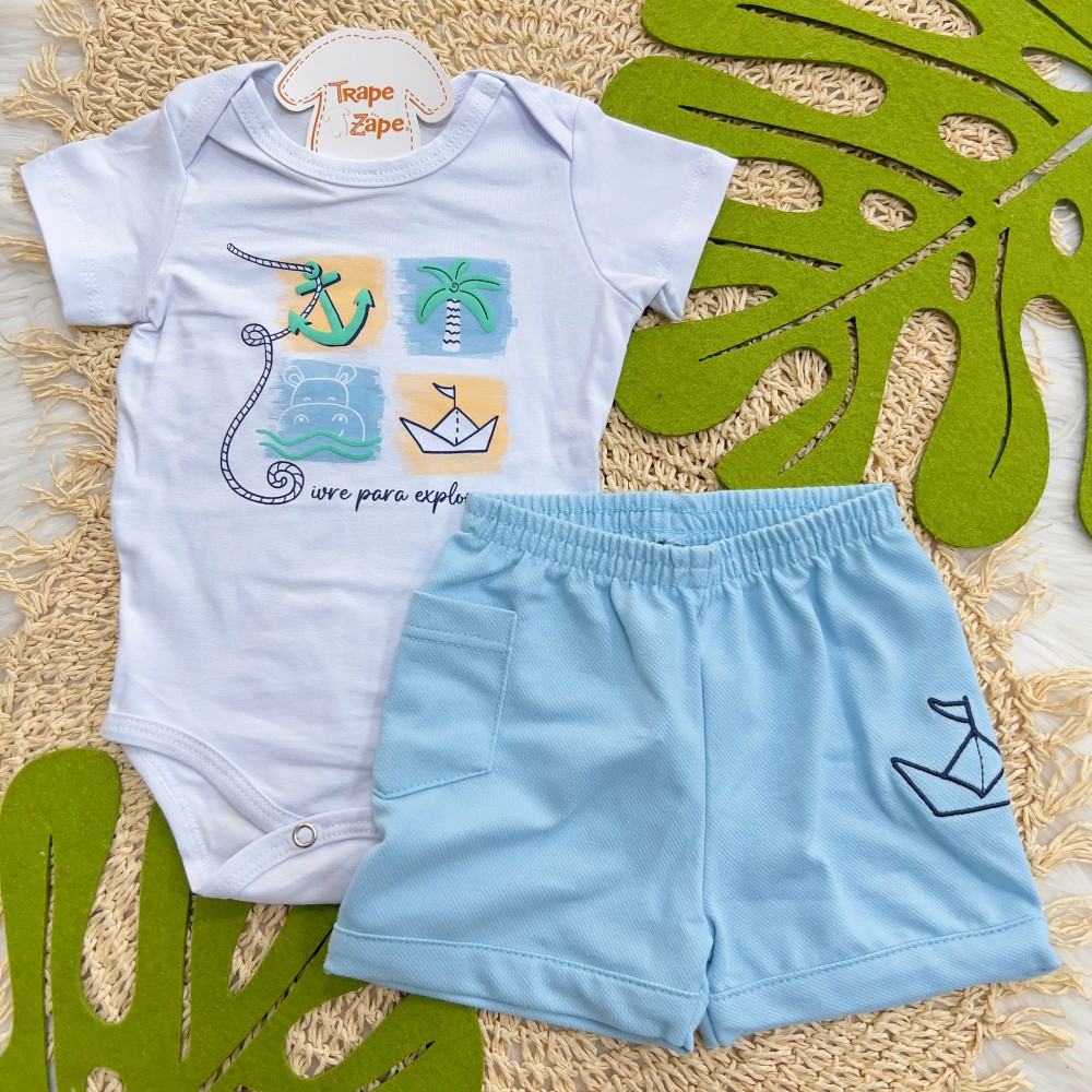 Verão 24/25 - Conj. Body Livre para Explorar e Short Barquinho - Branco e Azul