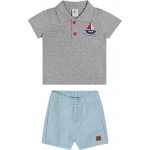 Verão 24/25 - Conj. Blusa Barquinho Gola Polo com Botões e Short em Linho - Mescla e Azul