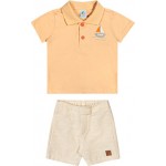 Verão 24/25 - Conj. Blusa Barquinho Gola Polo com Botões e Short em Linho - Salmão e Areia