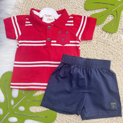 Verão 24/25 - Conj. Camiseta Gola Polo Urso e Bermuda - Vermelho e Marinho