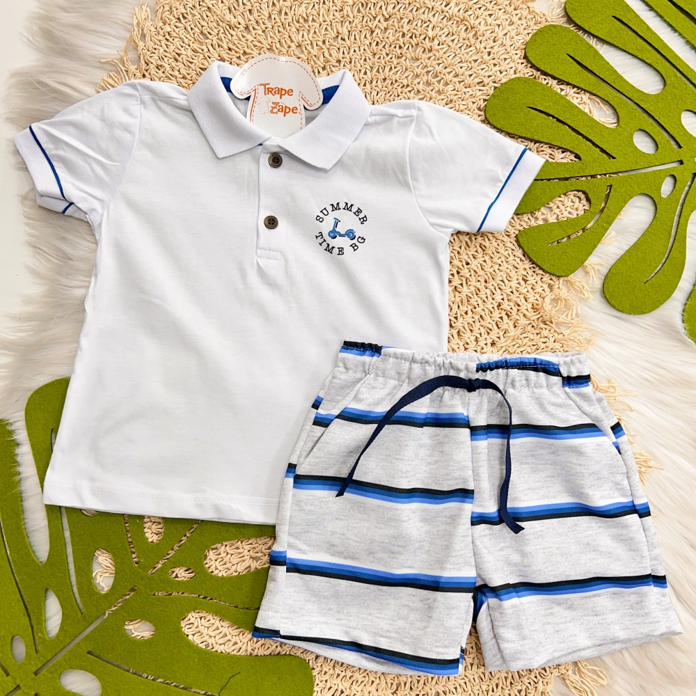 Verão 24/25 - Conj. Camisa Polo Summer Time e Bermuda - Branco e Azul