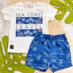  Verão 24/25 - Conj. Camiseta Sea Coast Travel e Bermuda - Off White e Marinho