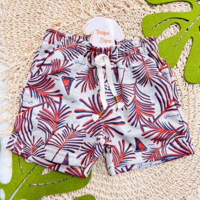 Verão 24/25 - Conj. Camiseta Barco e Bermuda Folhagens - Laranja e Areia