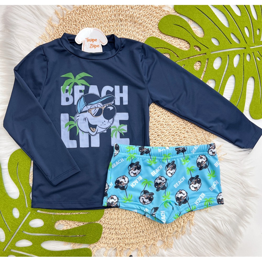 Verão 24/25 - Praia Blusa Urso Branco Beach Life com Proteção UV50+ e Sunga - Azul e Marinho