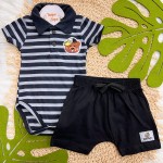 Verão 24/25 - Conj. Body Listrado Gola Polo Urso e Short - Preto e Amarelo