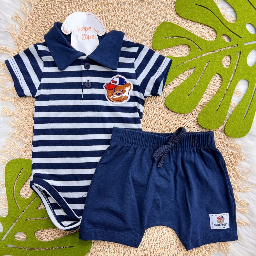 Verão 24/25 - Conj. Body Listrado Gola Polo Urso e Short - Azul Marinho e Vermelho