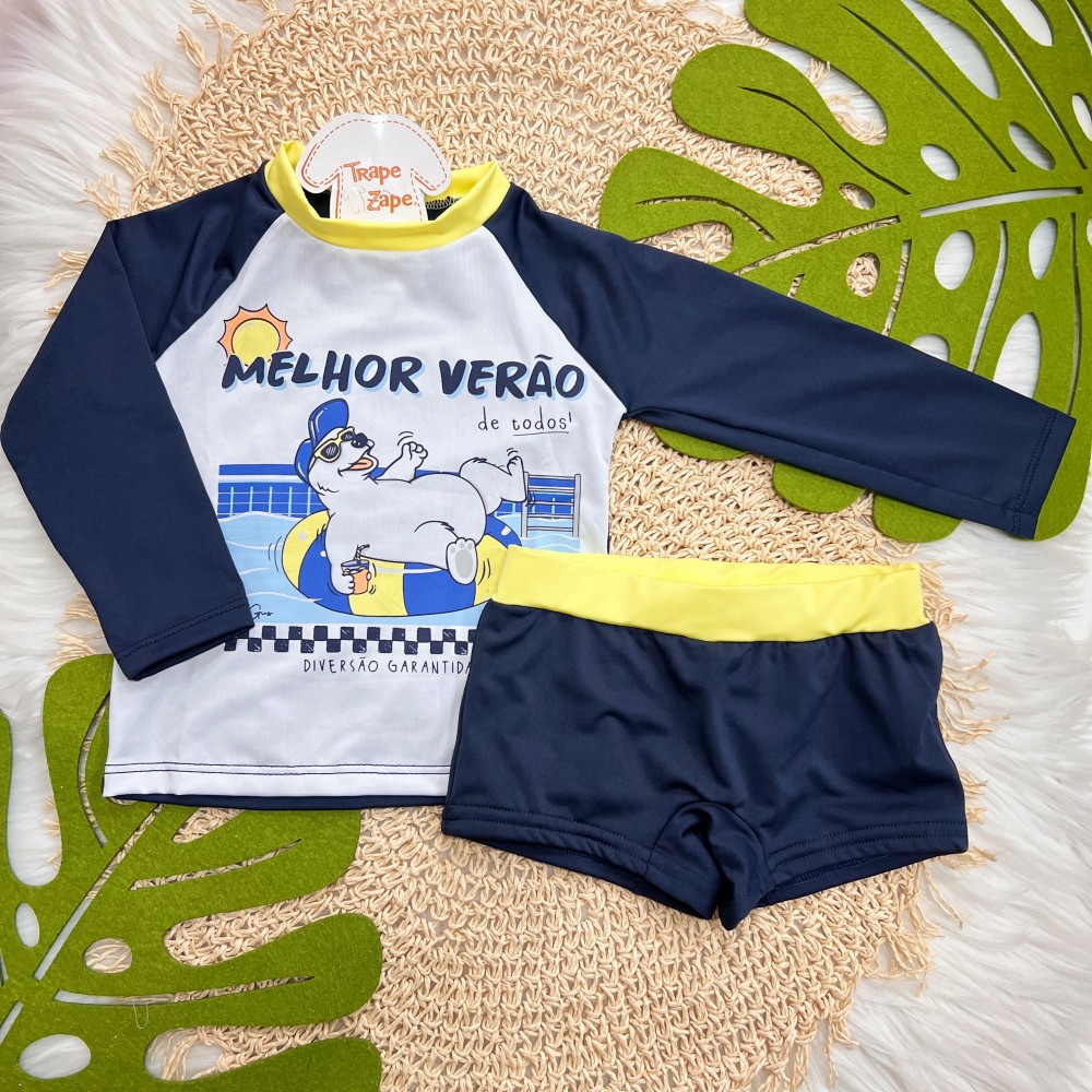 Verão 24/25 - Praia Blusa O Melhor Verão de Todos com Proteção UV50+ e Sunga - Marinho e Amarelo