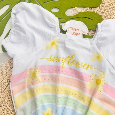  Verão 24/25 - Conj. Batinha Sunflower e Short em Sarja - Branco e Amarelo