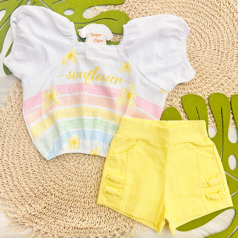 Verão 24/25 - Conj. Batinha Sunflower e Short em Sarja - Branco e Amarelo