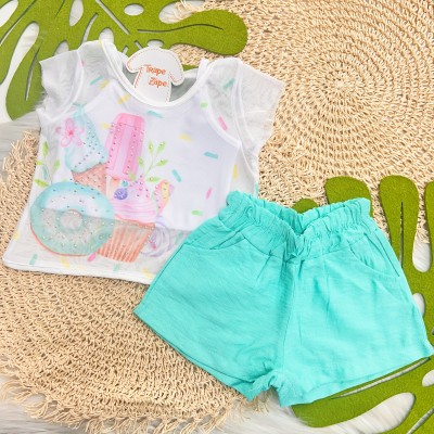 Verão 24/25 - Conj. Blusa em Tule Docinhos com Regata e Short - Branco e Verde