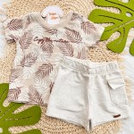 Verão 24/25 - Camiseta Folhagem Enjoy the Nature e Short em Linho - Areia e Marrom