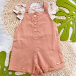 Verão 24/25 - Conj. Blusa Bolotas e Jardineira - Marrom e Rose