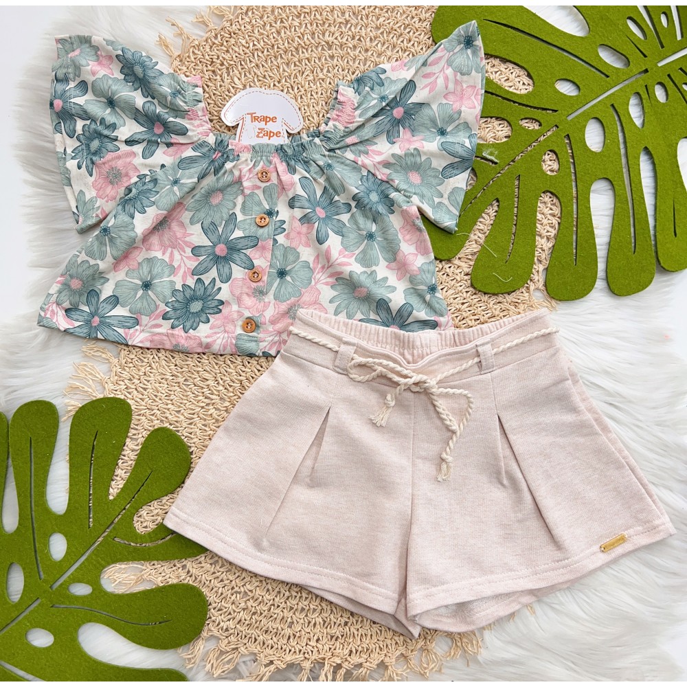 Verão 24/25 - Batinha Floral com Botões e Short - Verde e Areia