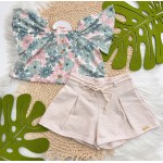 Verão 24/25 - Batinha Floral com Botões e Short - Verde e Areia