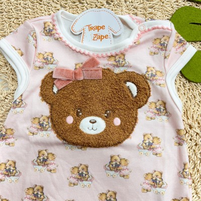 Macaquinho Curto Rosto Ursinha Peludinha - Off White e Rosa