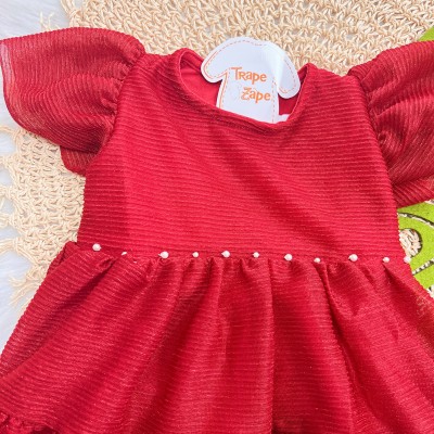  Verão 24/25 - Vestido em Tule com Pérolas - Vermelho