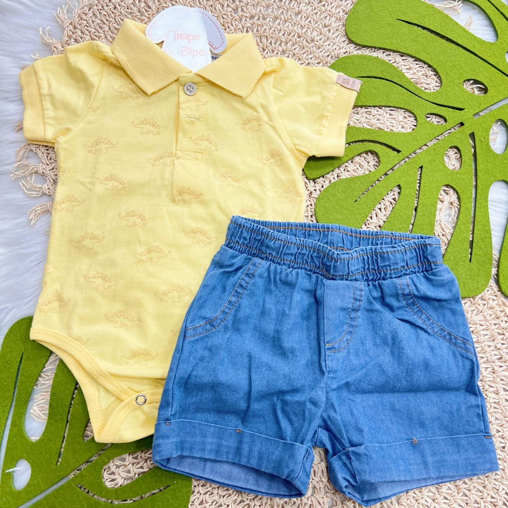 Verão 24/25 - Conj. Body Gola Polo Dinos e Bermuda Jeans - Amarelo e Azul