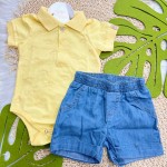 Verão 24/25 - Conj. Body Gola Polo Dinos e Bermuda Jeans - Amarelo e Azul