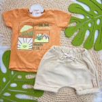 Verão 24/25 - Conj. Camiseta Curtindo o Verão e Short em Linho - Laranja e Areia