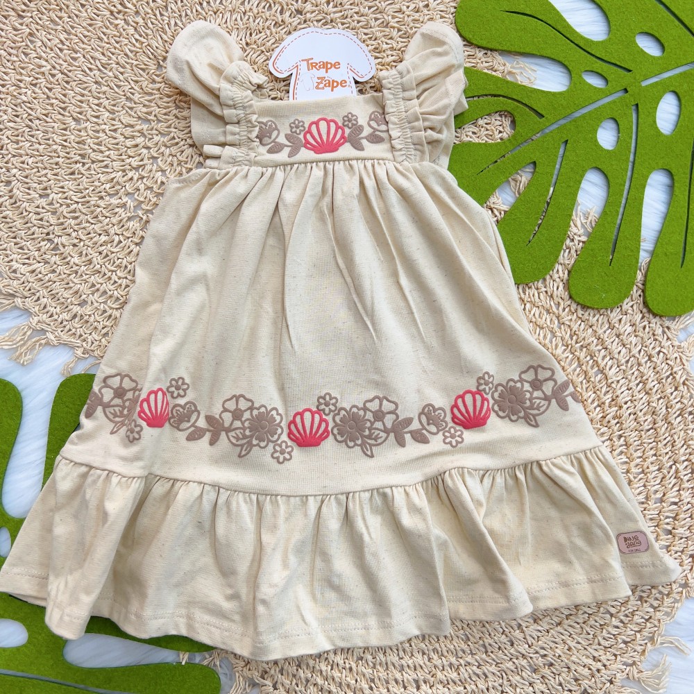 Verão 24/25 - Vestido em Linho Regatinha Concha com Flores - Areia