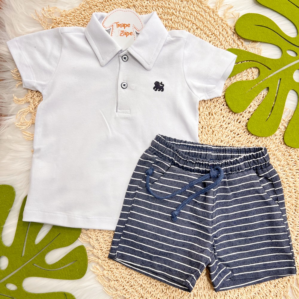 Verão 24/25 - Conj. Camisa Polo e Short Listrado - Branco e Azul Marinho