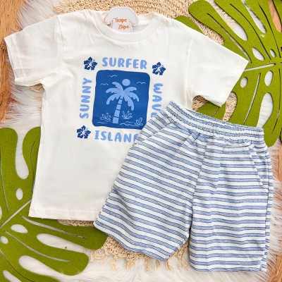 Verão 24/25 - Conj. Camiseta Surfer Waves e Bermuda em Linho - Off White e Azul