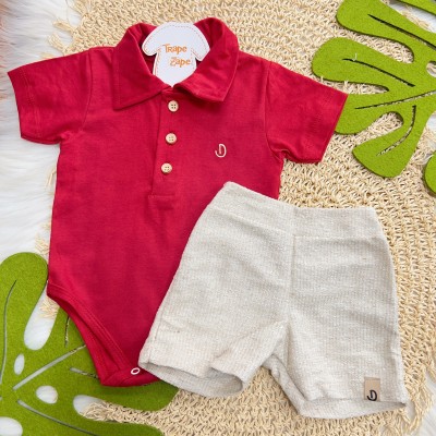 Verão 24/25 - Conj. Body Gola Polo e Short em Linho - Vermelho e Areia