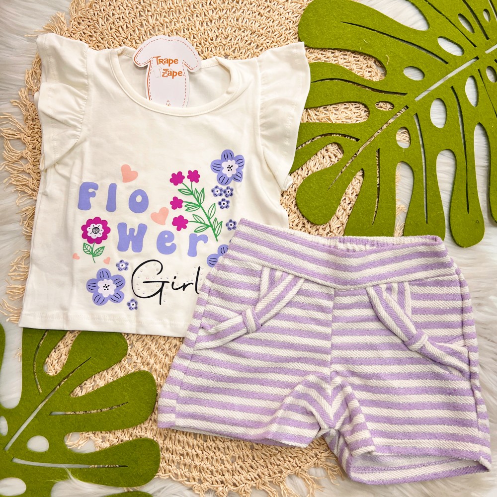  Verão 24/25 - Conj. Blusa Flower Girls e Short em Linho Listrado - Lilás