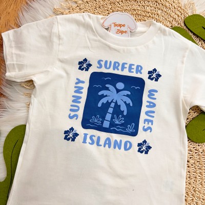 Verão 24/25 - Conj. Camiseta Surfer Waves e Bermuda em Linho - Off White e Azul
