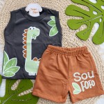 Verão 24/25 - Conj. Regata Dino e Short Sou Fofo - Chumbo e Ferrugem