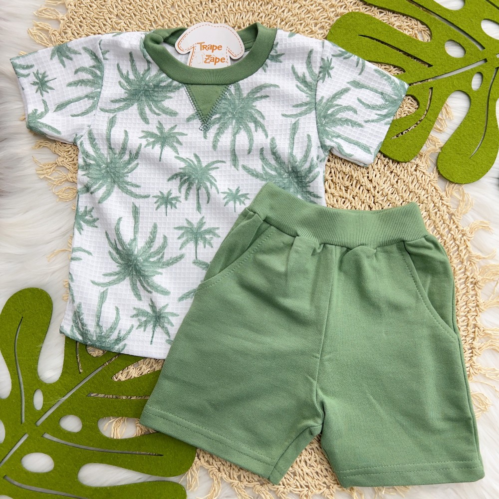 Verão 24/25 - Conj. Camiseta Coqueiros e Short em Moletinho - Verde