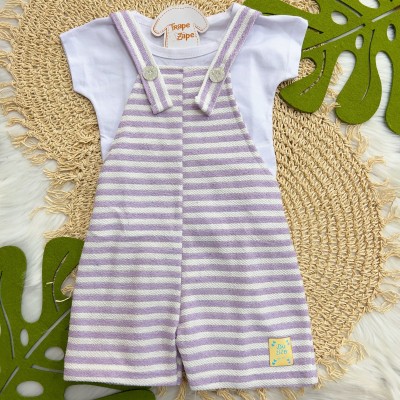 Verão 24/25 - Conj. Blusa Lisa e Jardineira em Linho - Branco e Lilás