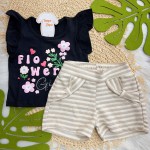 Verão 24/25 - Conj. Blusa Flower Girls e Short em Linho Listrado - Preto e Areia