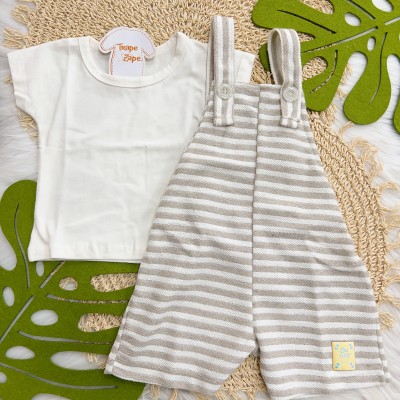  Verão 24/25 - Conj. Blusa Lisa e Jardineira em Linho - Off White e Areia