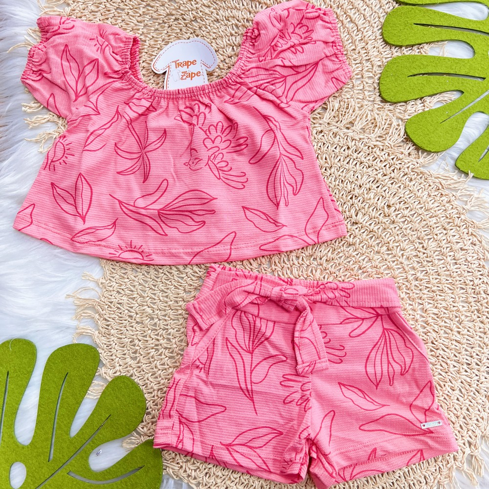  Verão 24/25 - Conj. Batinha e Short Coqueiros com Pássaros - Rosa 