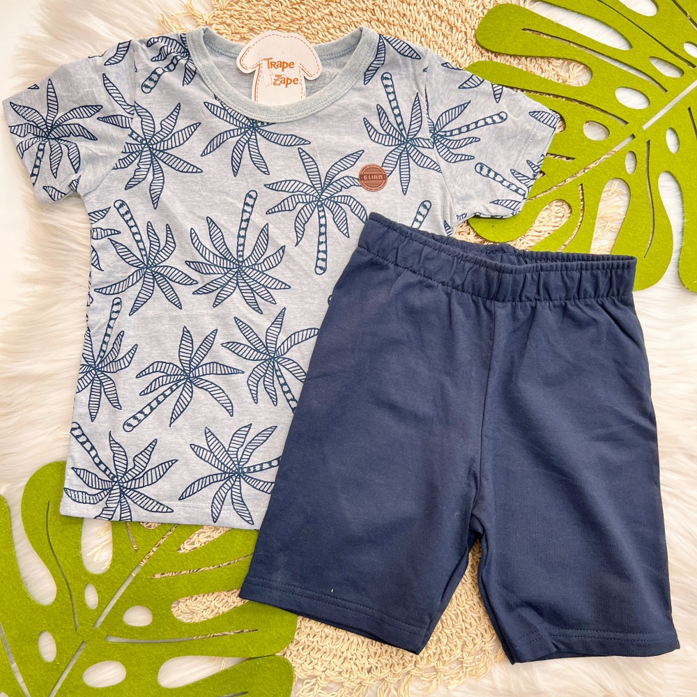 Verão 24/25 - Conj. Camiseta Coqueiros e Short em Moletinho - Azul Marinho