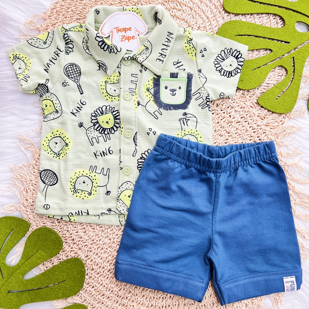 Verão 24/25 - Conj. Camisa Manga Curta Leãozinhos e Short - Verde e Azul