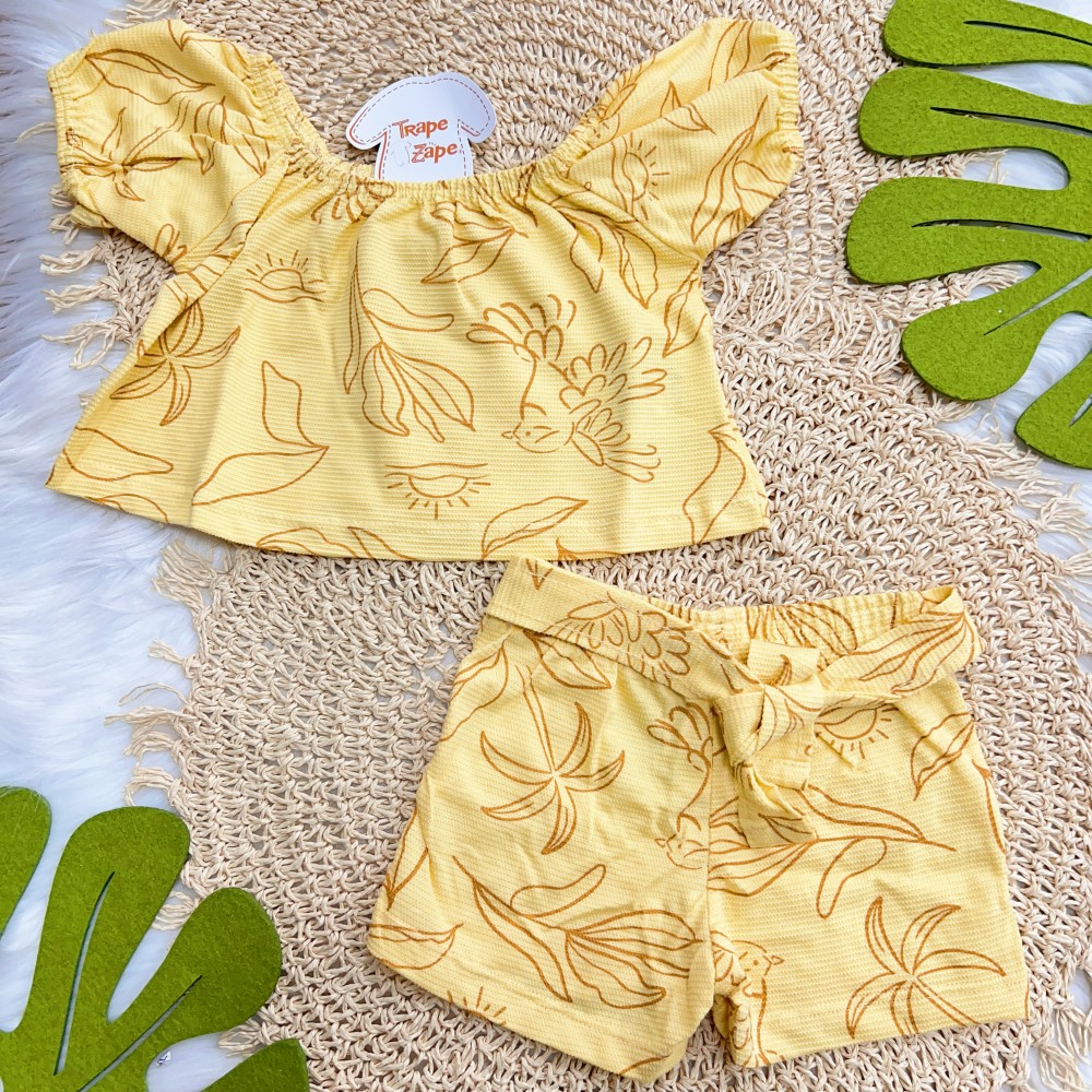  Verão 24/25 - Conj. Batinha e Short Coqueiros com Pássaros - Amarelo